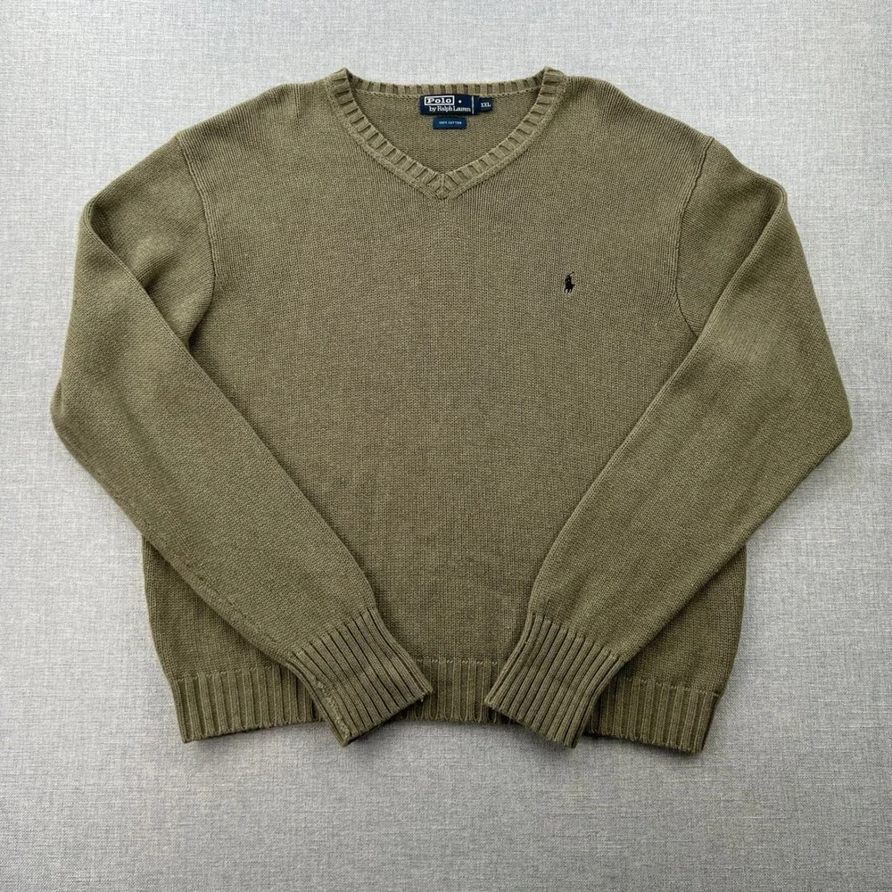 VTG Polo Ralph Lauren V-Neck Sweater Men XXL Olive Green Cotton Knit Ivy Prep